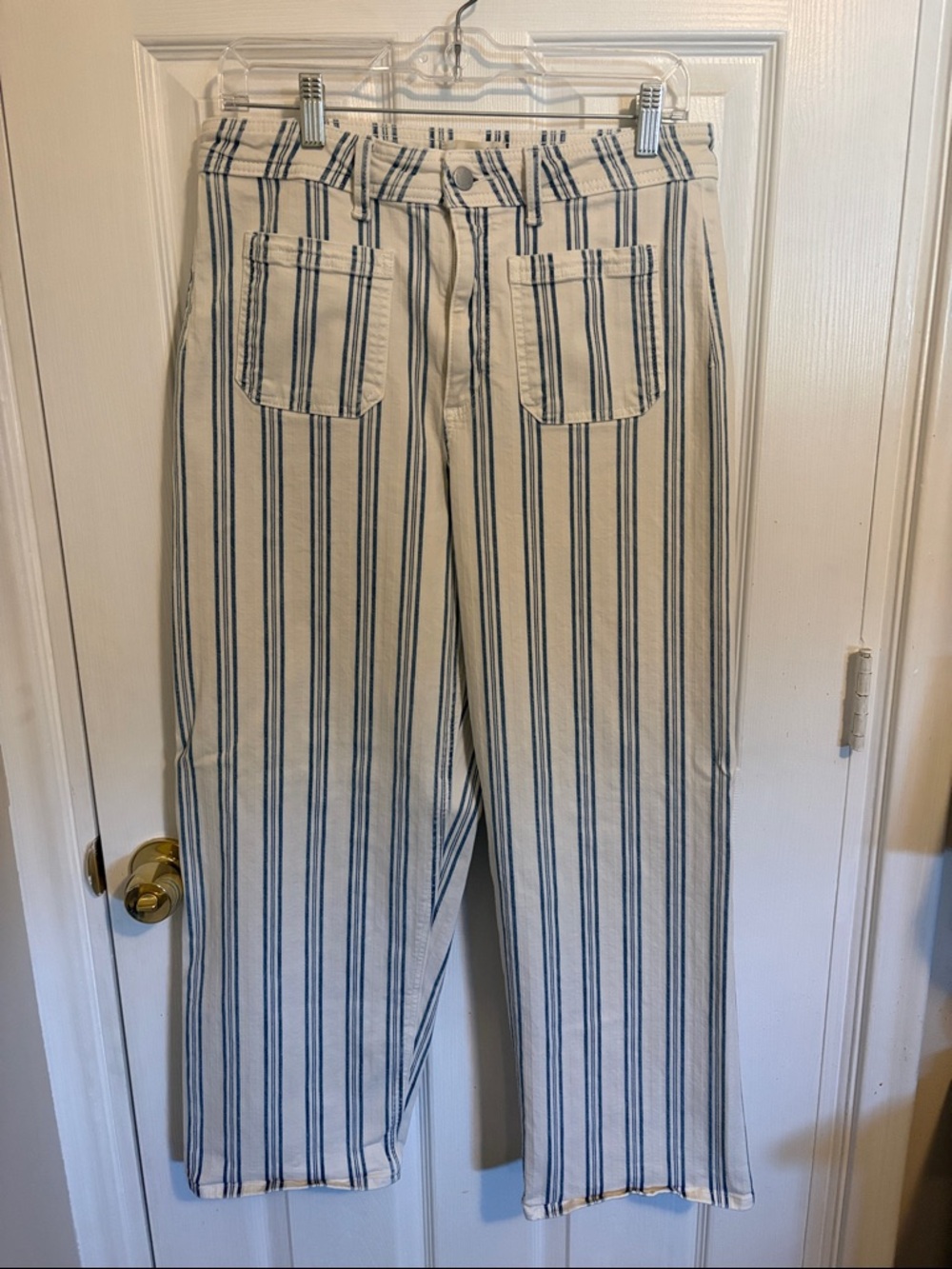 Striped Wide-Leg Cotton Pants in Cream and Blue